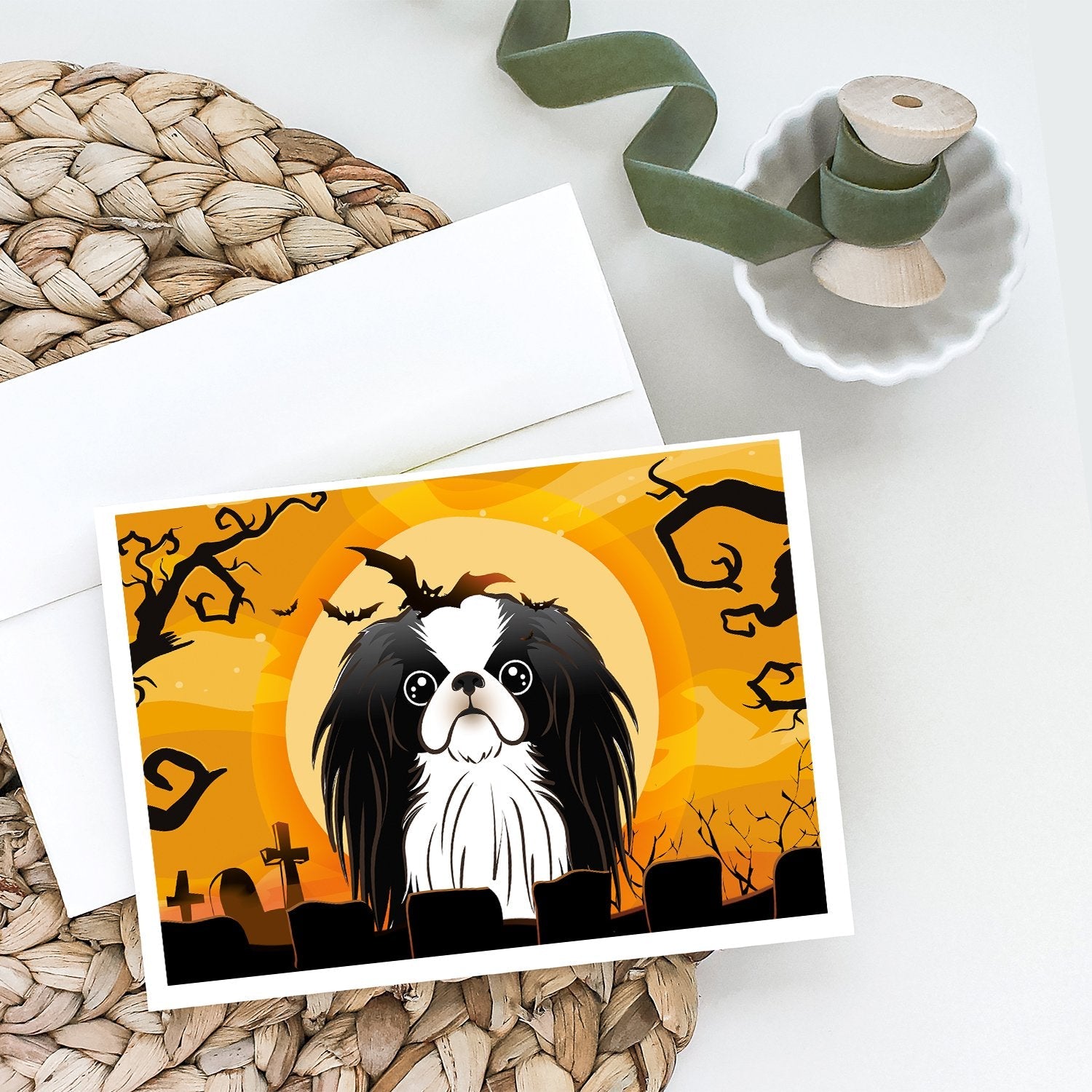 Halloween Japanese Chin Greeting Cards Pack of 8 Blank Cards with Envelopes Whimsical A7 Size 5x7