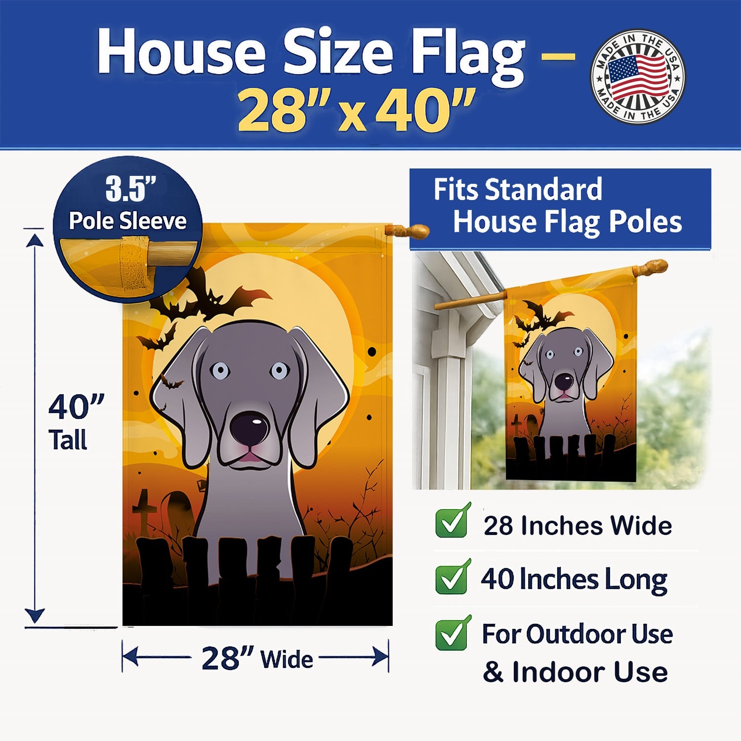 Halloween Weimaraner House Flag 28x40 Porch Sleeve Pole Decorative Outside Yard Banner Artwork Wall Hanging, Polyester
