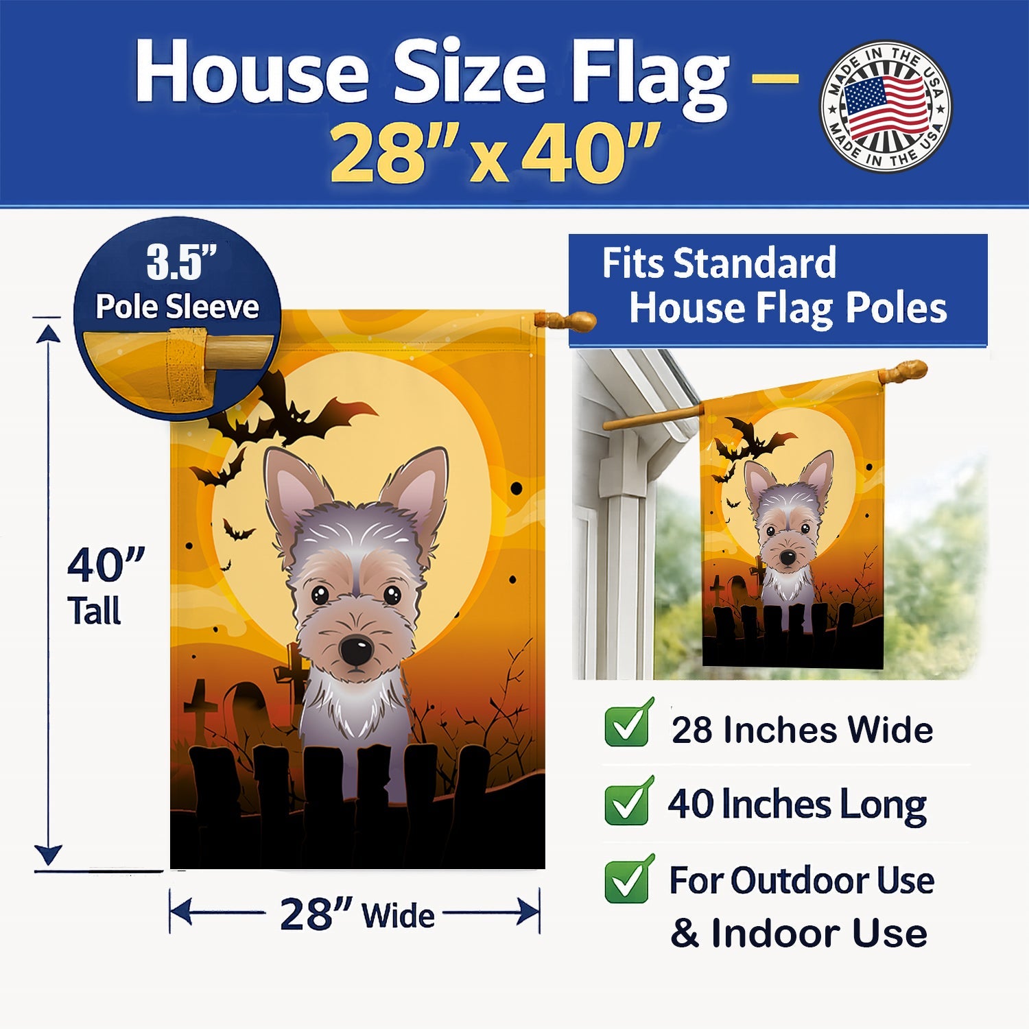 Halloween Yorkie Puppy House Flag 28x40 Porch Sleeve Pole Decorative Outside Yard Banner Artwork Wall Hanging, Polyester
