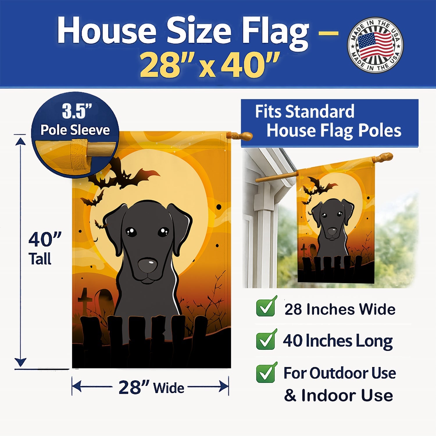 Halloween Black Labrador House Flag 28x40 Porch Sleeve Pole Decorative Outside Yard Banner Artwork Wall Hanging, Polyester