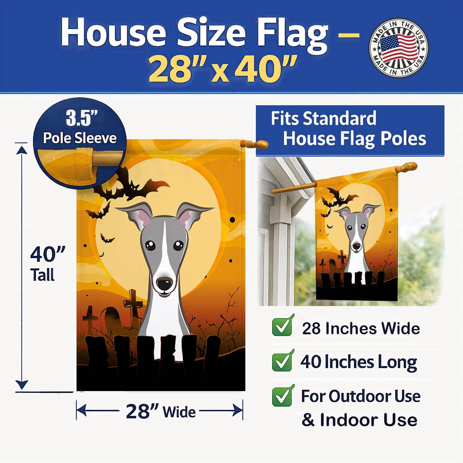 Halloween Italian Greyhound House Flag 28x40 Porch Sleeve Pole Decorative Outside Yard Banner Artwork Wall Hanging, Polyester