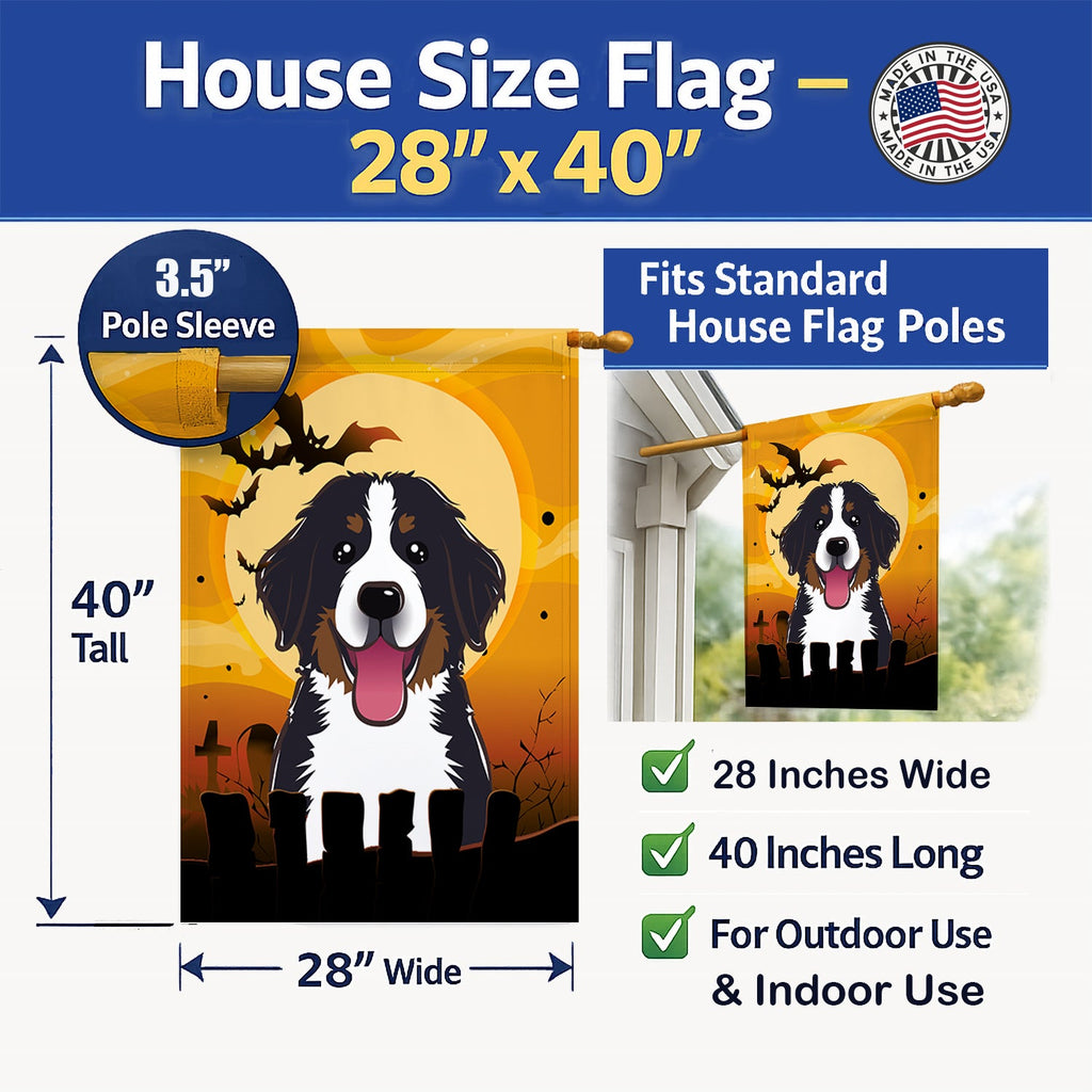 Halloween Bernese Mountain Dog House Flag 28x40 Porch Sleeve Pole Decorative Outside Yard Banner Artwork Wall Hanging, Polyester