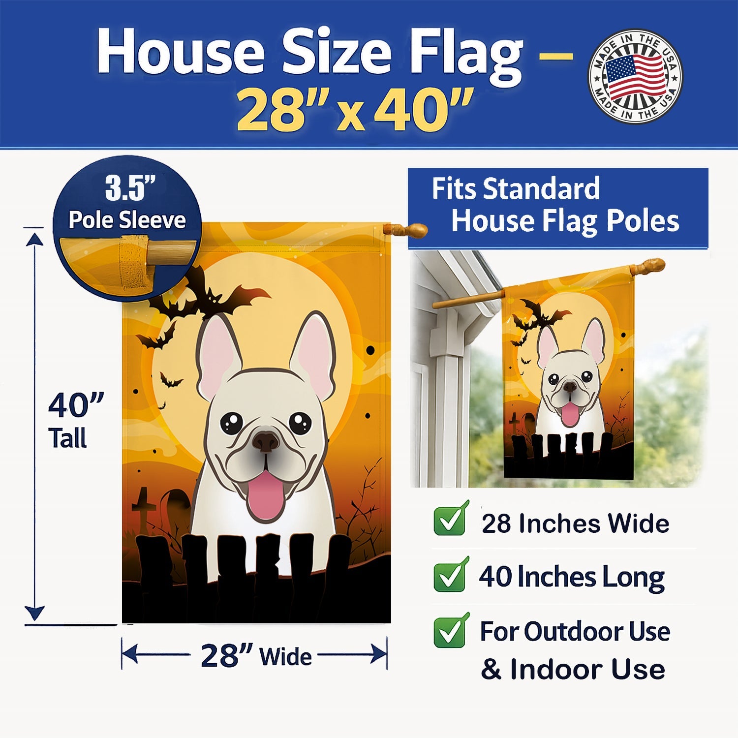 Halloween French Bulldog House Flag 28x40 Porch Sleeve Pole Decorative Outside Yard Banner Artwork Wall Hanging, Polyester
