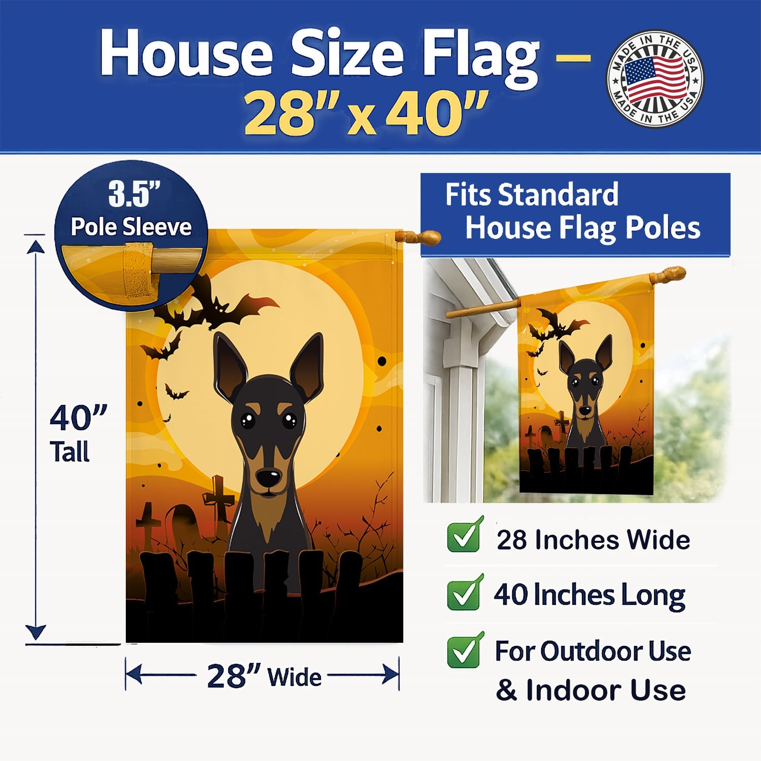 Halloween Min Pin House Flag 28x40 Porch Sleeve Pole Decorative Outside Yard Banner Artwork Wall Hanging, Polyester