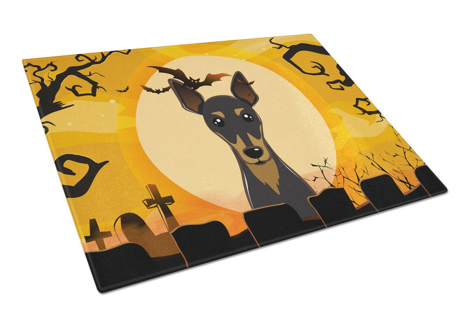 Halloween Min Pin Cutting Board Tempered Glass Kitchen Cutting Surface, Heat Resistant Chopping, Non-Slip Feet, Food Prep & Serving
