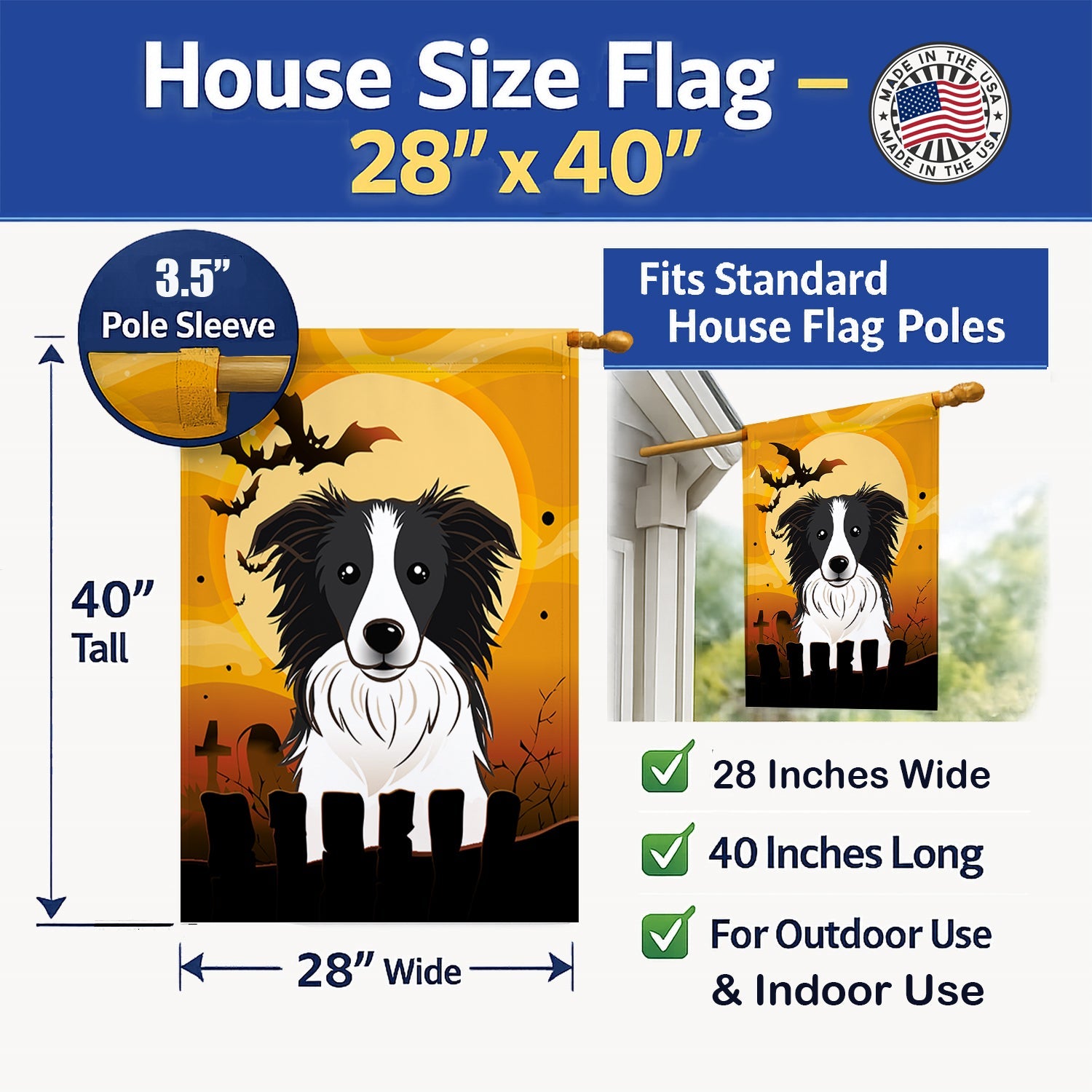 Halloween Border Collie House Flag 28x40 Porch Sleeve Pole Decorative Outside Yard Banner Artwork Wall Hanging, Polyester