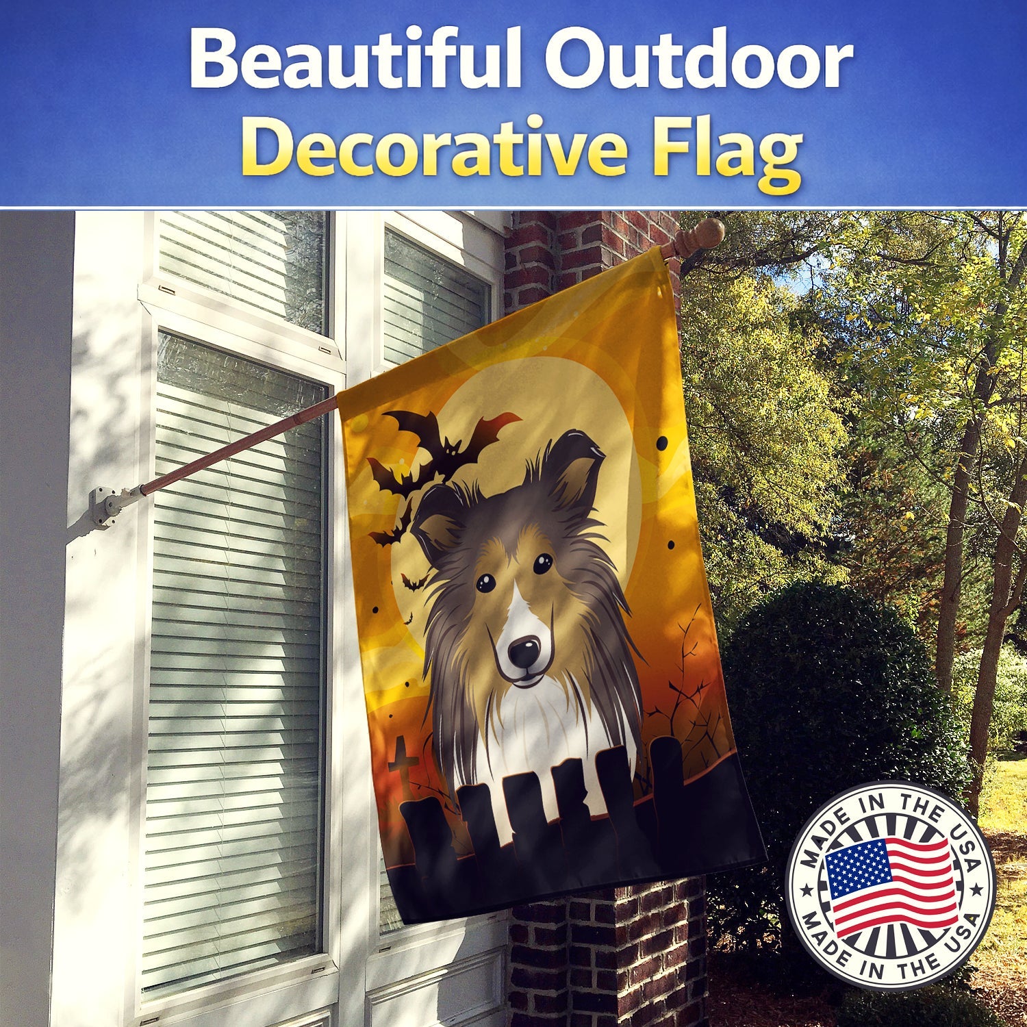 Halloween Sheltie House Flag 28x40 Porch Sleeve Pole Decorative Outside Yard Banner Artwork Wall Hanging, Polyester