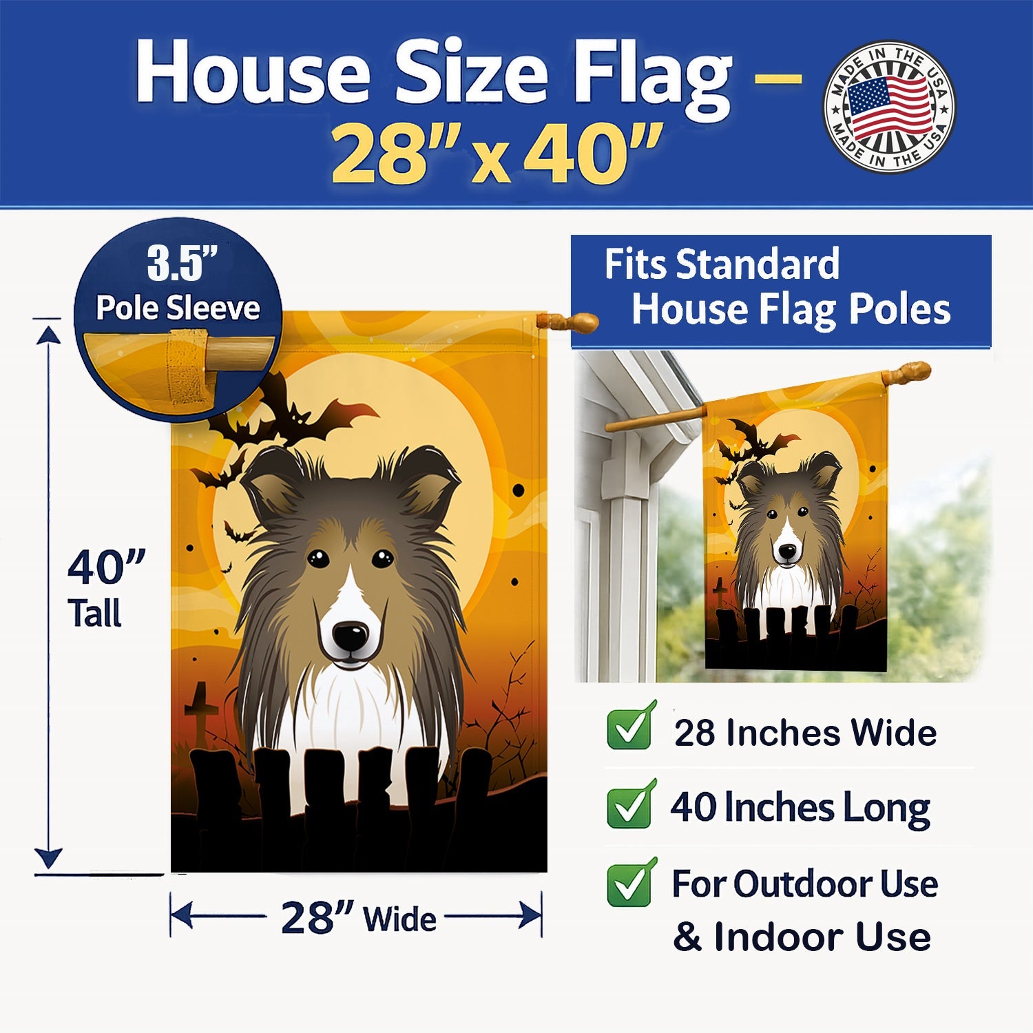Halloween Sheltie House Flag 28x40 Porch Sleeve Pole Decorative Outside Yard Banner Artwork Wall Hanging, Polyester