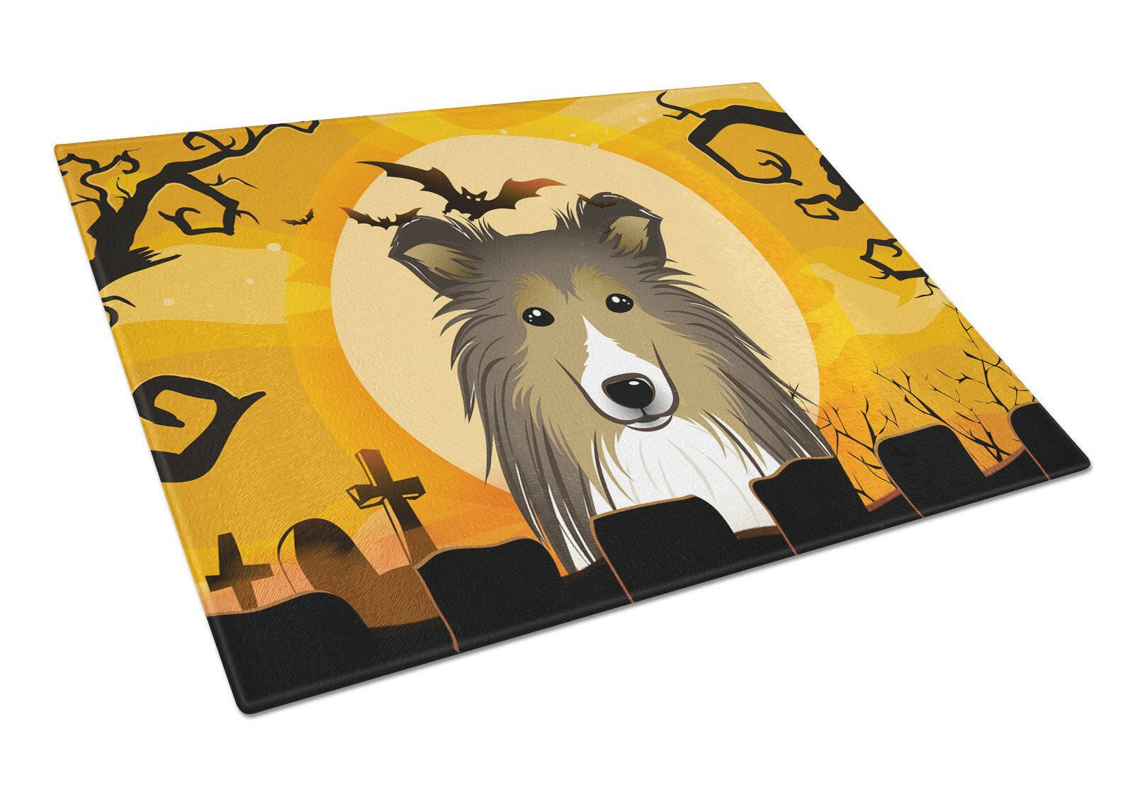 Halloween Sheltie Cutting Board Tempered Glass Kitchen Cutting Surface, Heat Resistant Chopping, Non-Slip Feet, Food Prep & Serving