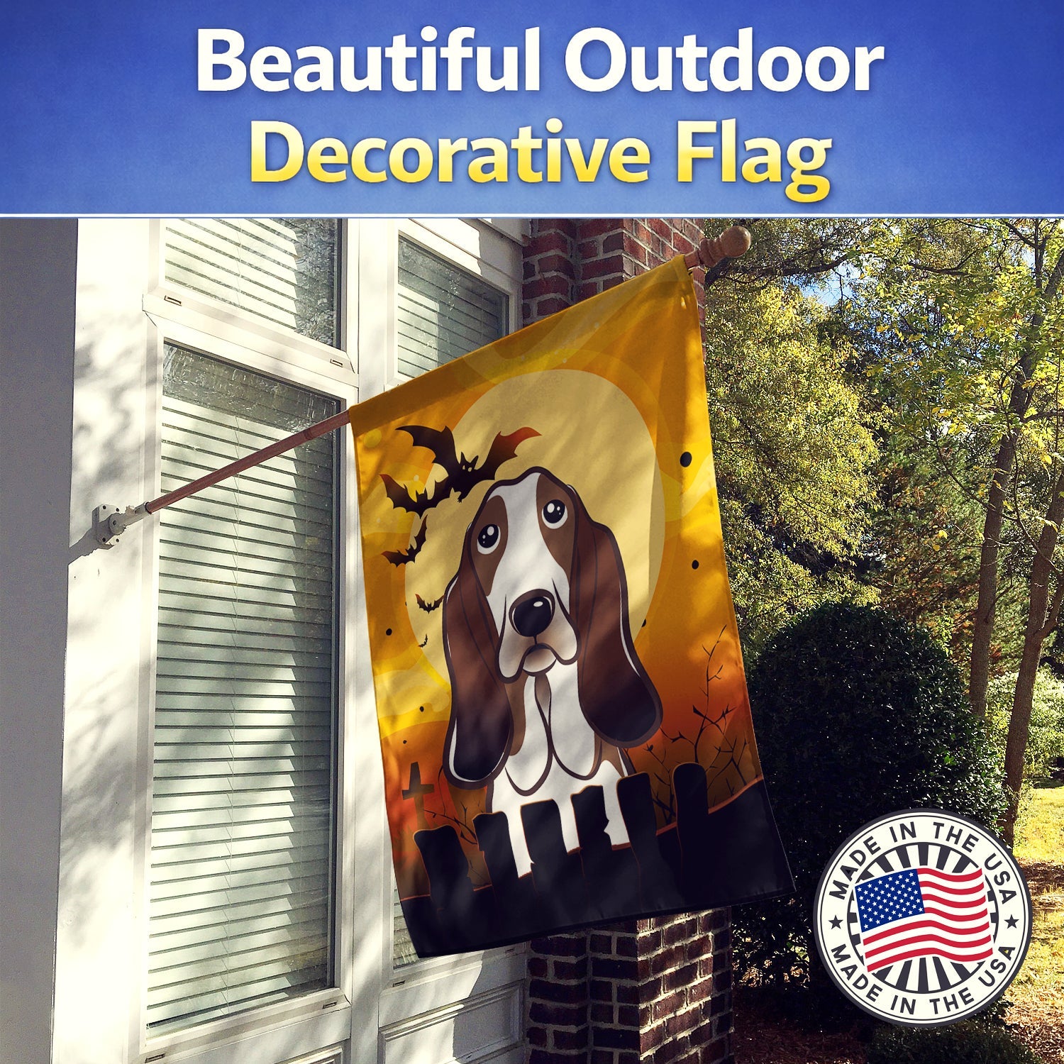 Halloween Basset Hound House Flag 28x40 Porch Sleeve Pole Decorative Outside Yard Banner Artwork Wall Hanging, Polyester