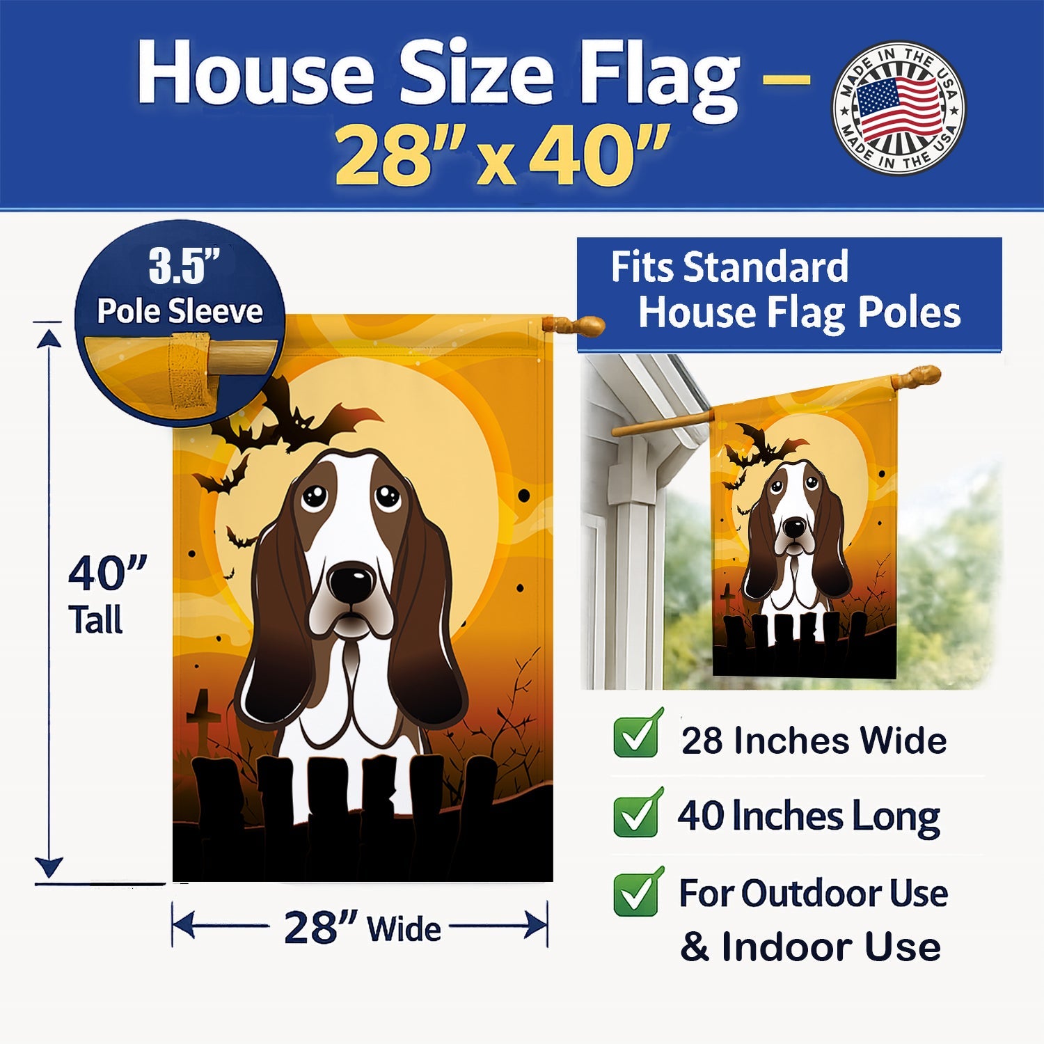 Halloween Basset Hound House Flag 28x40 Porch Sleeve Pole Decorative Outside Yard Banner Artwork Wall Hanging, Polyester