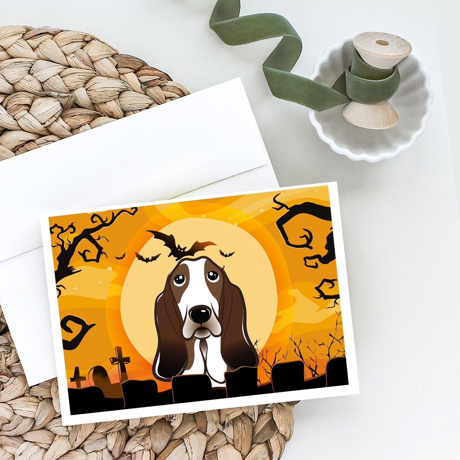 Halloween Basset Hound Greeting Cards Pack of 8 Blank Cards with Envelopes Whimsical A7 Size 5x7