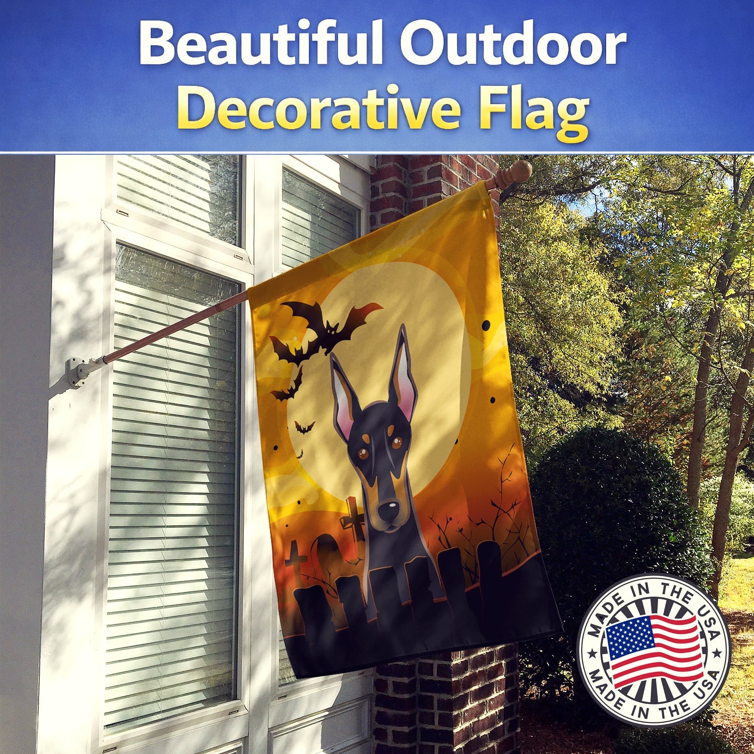 Halloween Doberman House Flag 28x40 Porch Sleeve Pole Decorative Outside Yard Banner Artwork Wall Hanging, Polyester