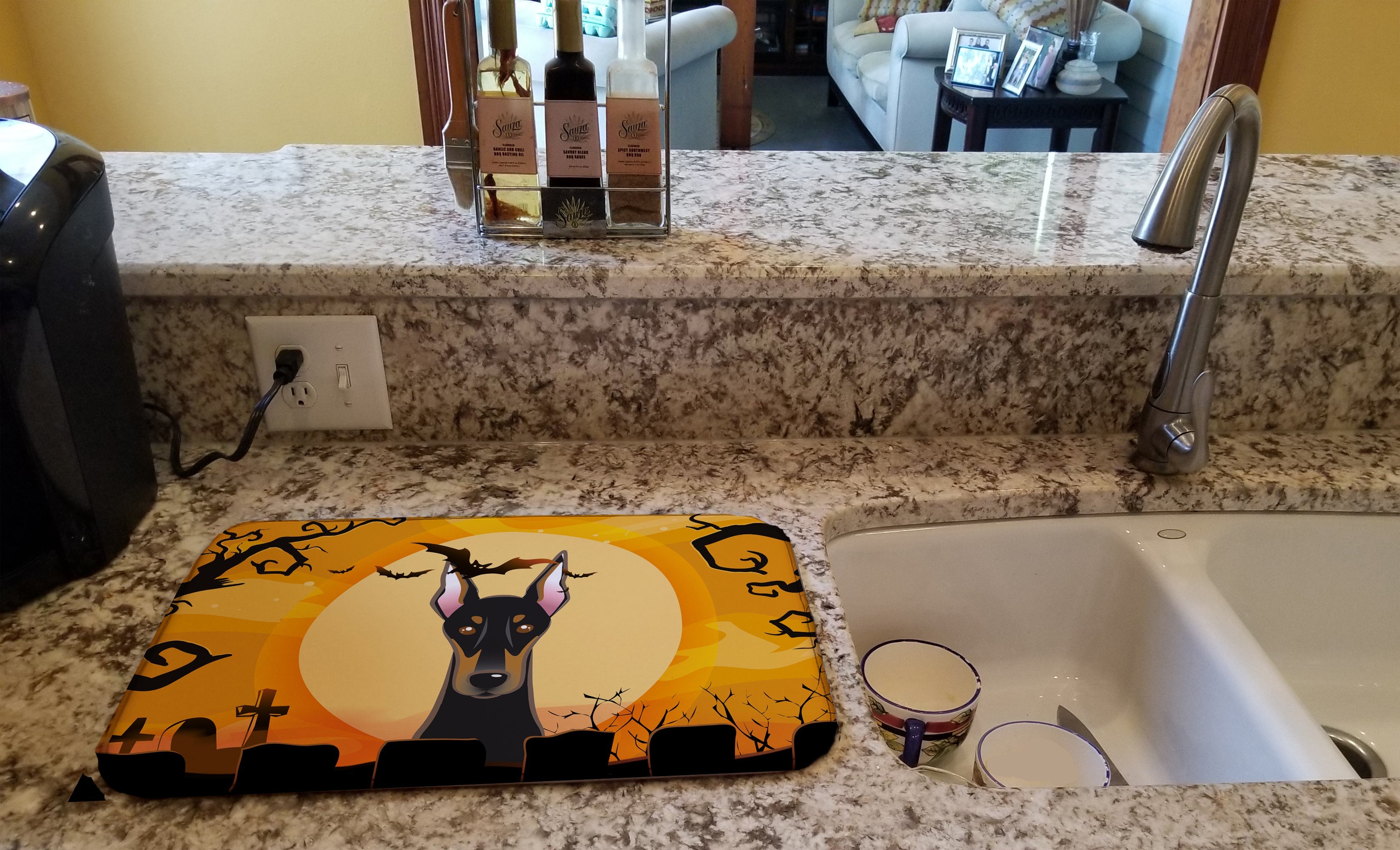 Halloween Doberman Dish Drying Mat Absorbent Dish Drying Mat Pad for Kitchen Counter Dish Drainer Mat for Countertop, 14 x 21", Multicolor