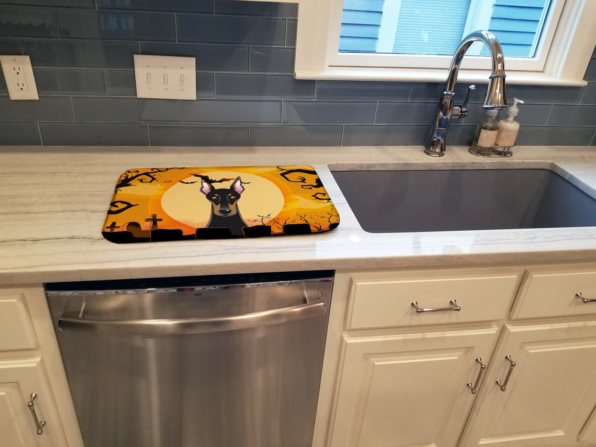 Halloween Doberman Dish Drying Mat Absorbent Dish Drying Mat Pad for Kitchen Counter Dish Drainer Mat for Countertop, 14 x 21", Multicolor