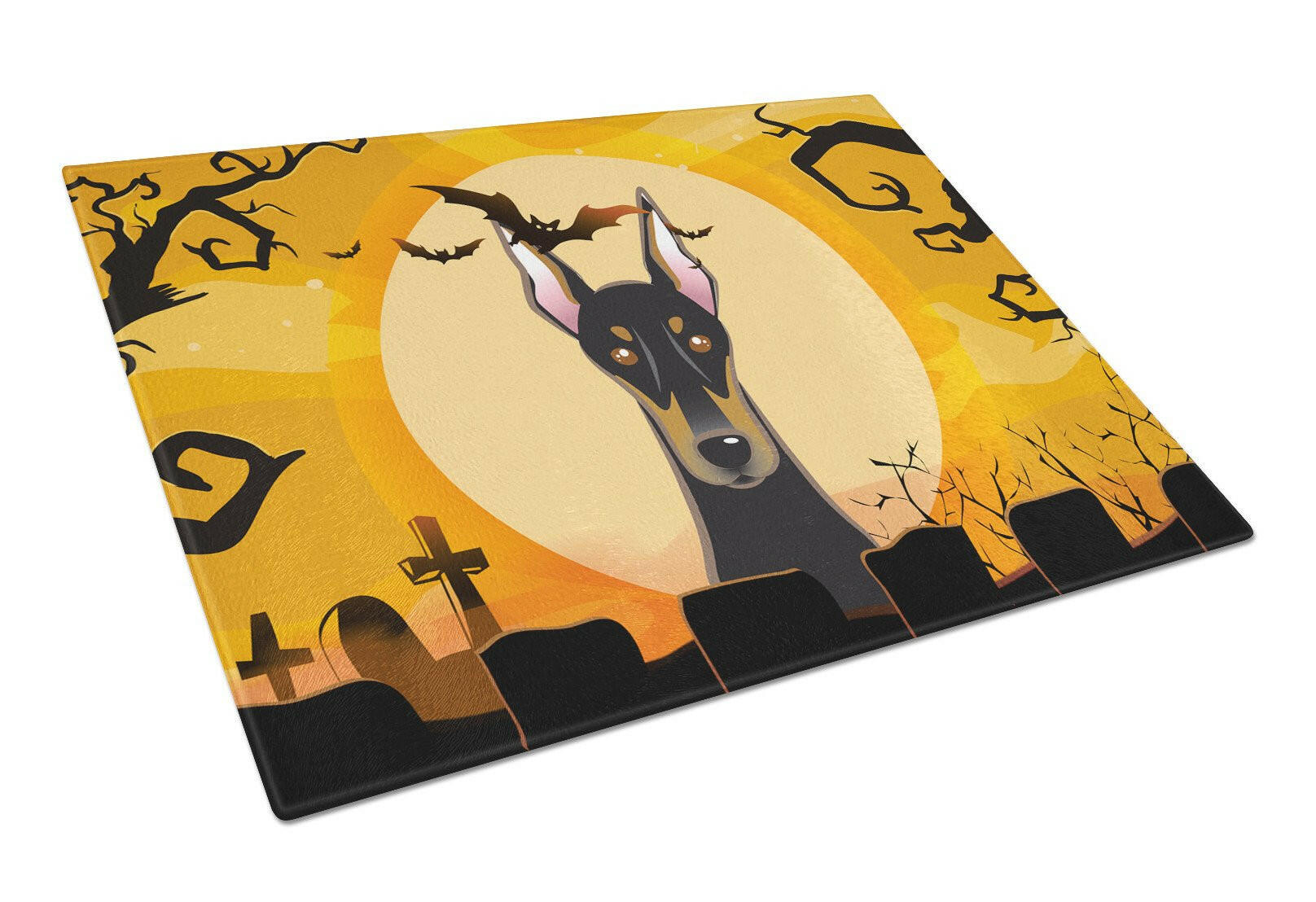 Halloween Doberman Cutting Board Tempered Glass Kitchen Cutting Surface, Heat Resistant Chopping, Non-Slip Feet, Food Prep & Serving