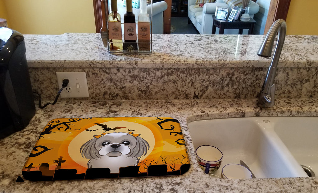 Halloween Gray Silver Shih Tzu Dish Drying Mat Absorbent Dish Drying Mat Pad for Kitchen Counter Dish Drainer Mat for Countertop, 14 x 21", Multicolor