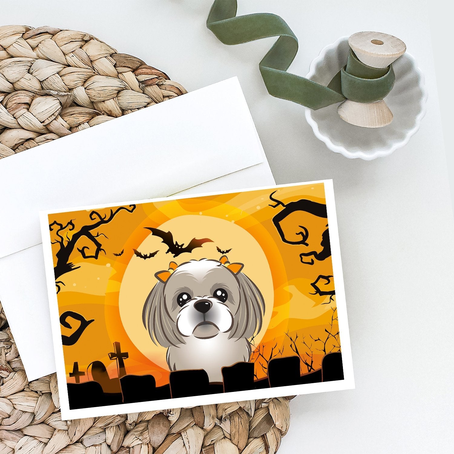 Halloween Gray Silver Shih Tzu Greeting Cards Pack of 8 Blank Cards with Envelopes Whimsical A7 Size 5x7