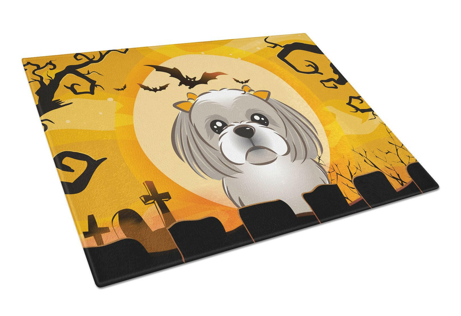 Halloween Gray Silver Shih Tzu Cutting Board Tempered Glass Kitchen Cutting Surface, Heat Resistant Chopping, Non-Slip Feet, Food Prep & Serving