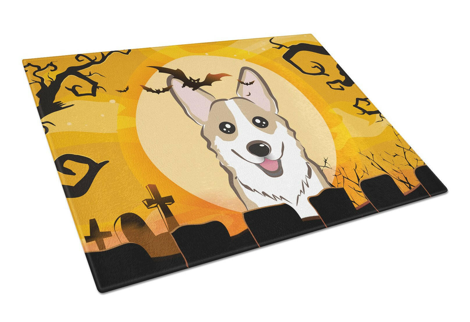 Halloween Sable Corgi Cutting Board Tempered Glass Kitchen Cutting Surface, Heat Resistant Chopping, Non-Slip Feet, Food Prep & Serving