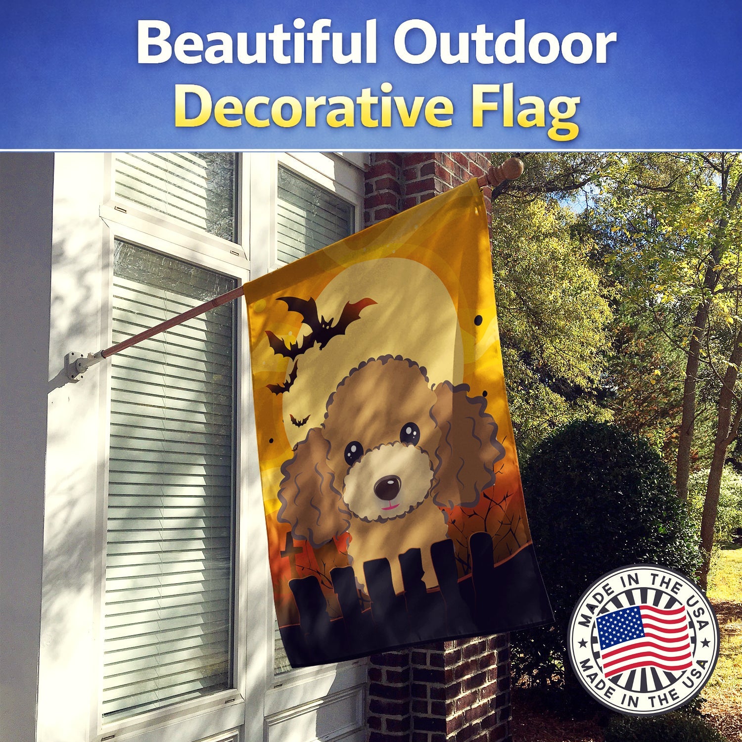Halloween Chocolate Brown Poodle House Flag 28x40 Porch Sleeve Pole Decorative Outside Yard Banner Artwork Wall Hanging, Polyester