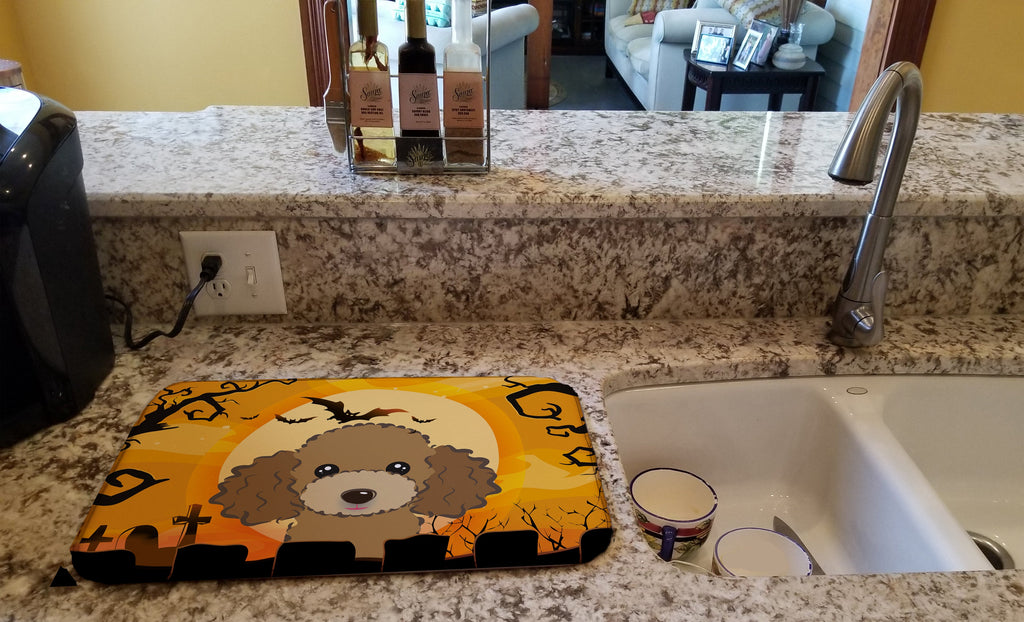 Halloween Chocolate Brown Poodle Dish Drying Mat Absorbent Dish Drying Mat Pad for Kitchen Counter Dish Drainer Mat for Countertop, 14 x 21", Multicolor