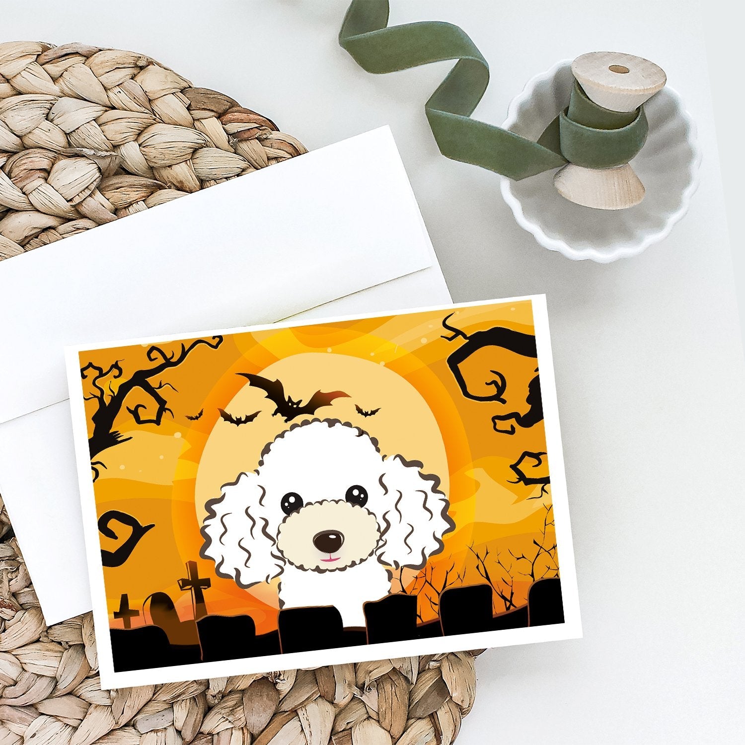 Halloween White Poodle Greeting Cards Pack of 8 Blank Cards with Envelopes Whimsical A7 Size 5x7