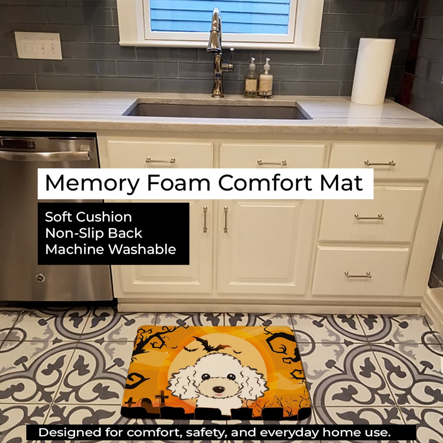 Halloween White Poodle Memory Foam Kitchen Mat Machine Washable Anti-Fatigue Cushion Comfort Bath or Kitchen Rug