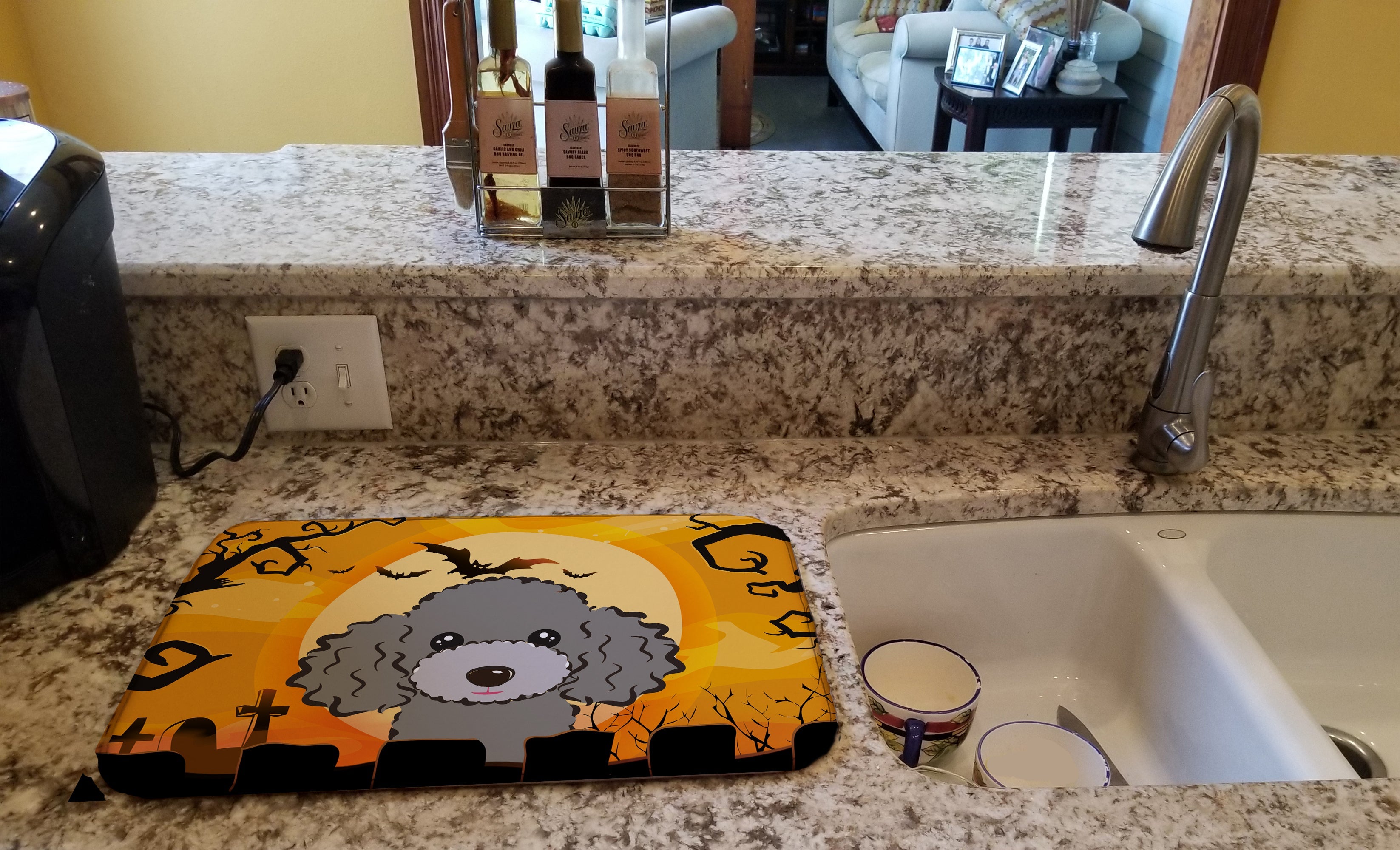Halloween Silver Gray Poodle Dish Drying Mat Absorbent Dish Drying Mat Pad for Kitchen Counter Dish Drainer Mat for Countertop, 14 x 21", Multicolor