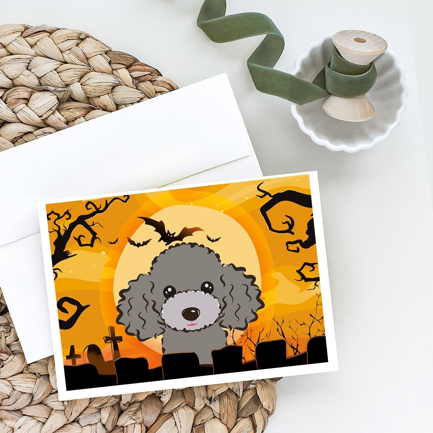 Halloween Silver Gray Poodle Greeting Cards Pack of 8 Blank Cards with Envelopes Whimsical A7 Size 5x7