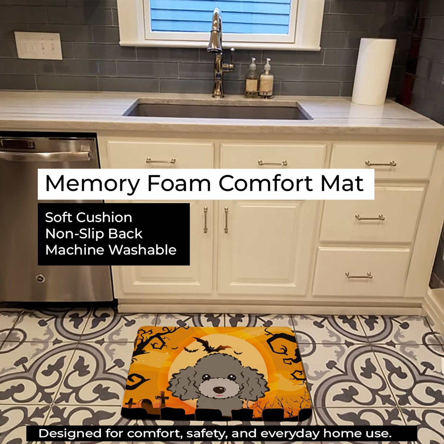 Halloween Silver Gray Poodle Memory Foam Kitchen Mat Machine Washable Anti-Fatigue Cushion Comfort Bath or Kitchen Rug