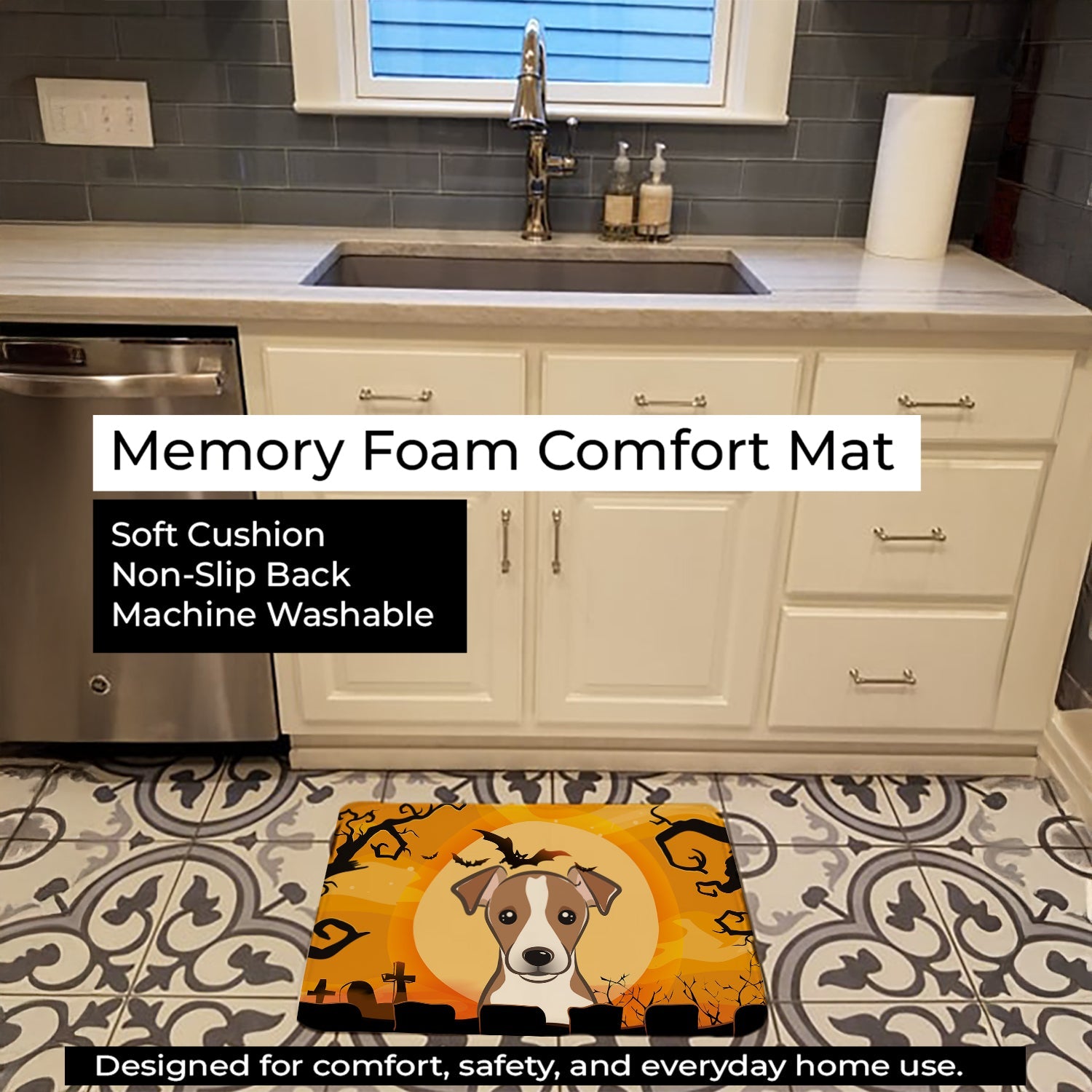 Halloween Jack Russell Terrier Memory Foam Kitchen Mat Machine Washable Anti-Fatigue Cushion Comfort Bath or Kitchen Rug
