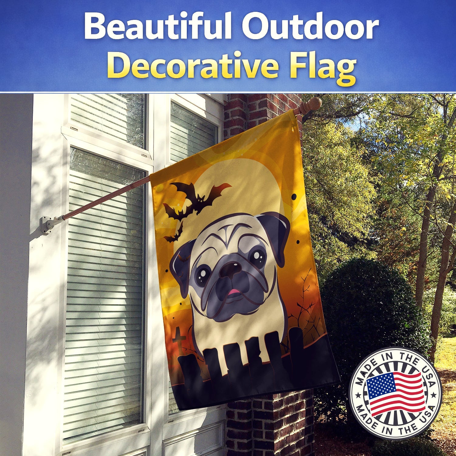 Halloween Fawn Pug House Flag 28x40 Porch Sleeve Pole Decorative Outside Yard Banner Artwork Wall Hanging, Polyester