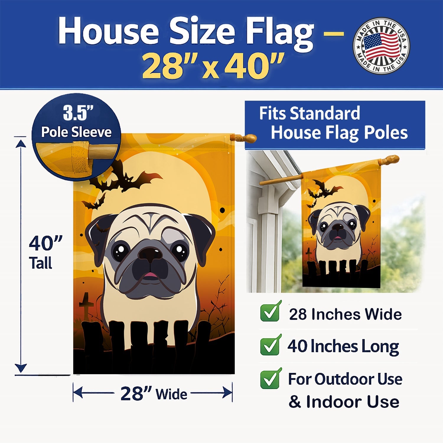 Halloween Fawn Pug House Flag 28x40 Porch Sleeve Pole Decorative Outside Yard Banner Artwork Wall Hanging, Polyester