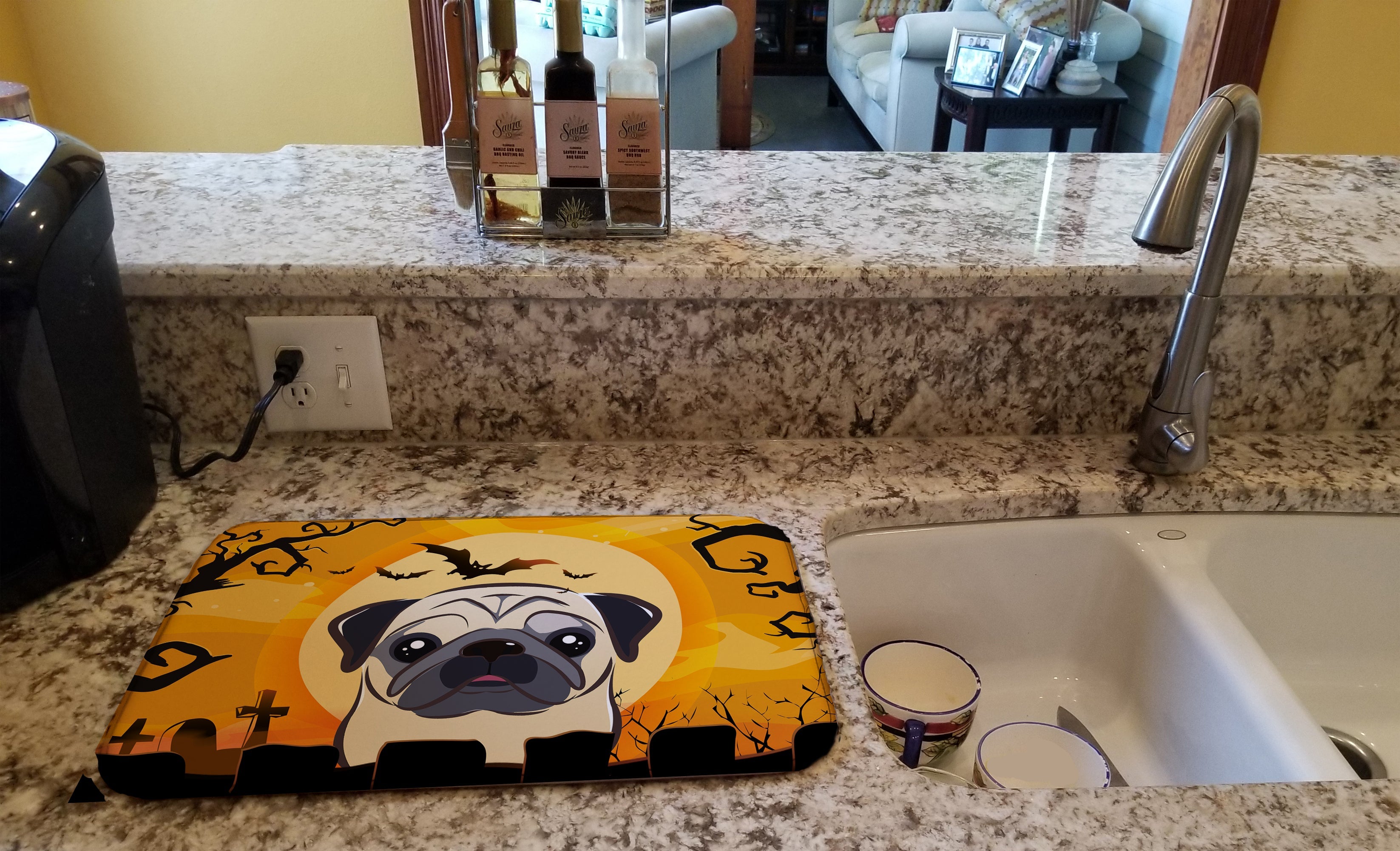Halloween Fawn Pug Dish Drying Mat Absorbent Dish Drying Mat Pad for Kitchen Counter Dish Drainer Mat for Countertop, 14 x 21", Multicolor