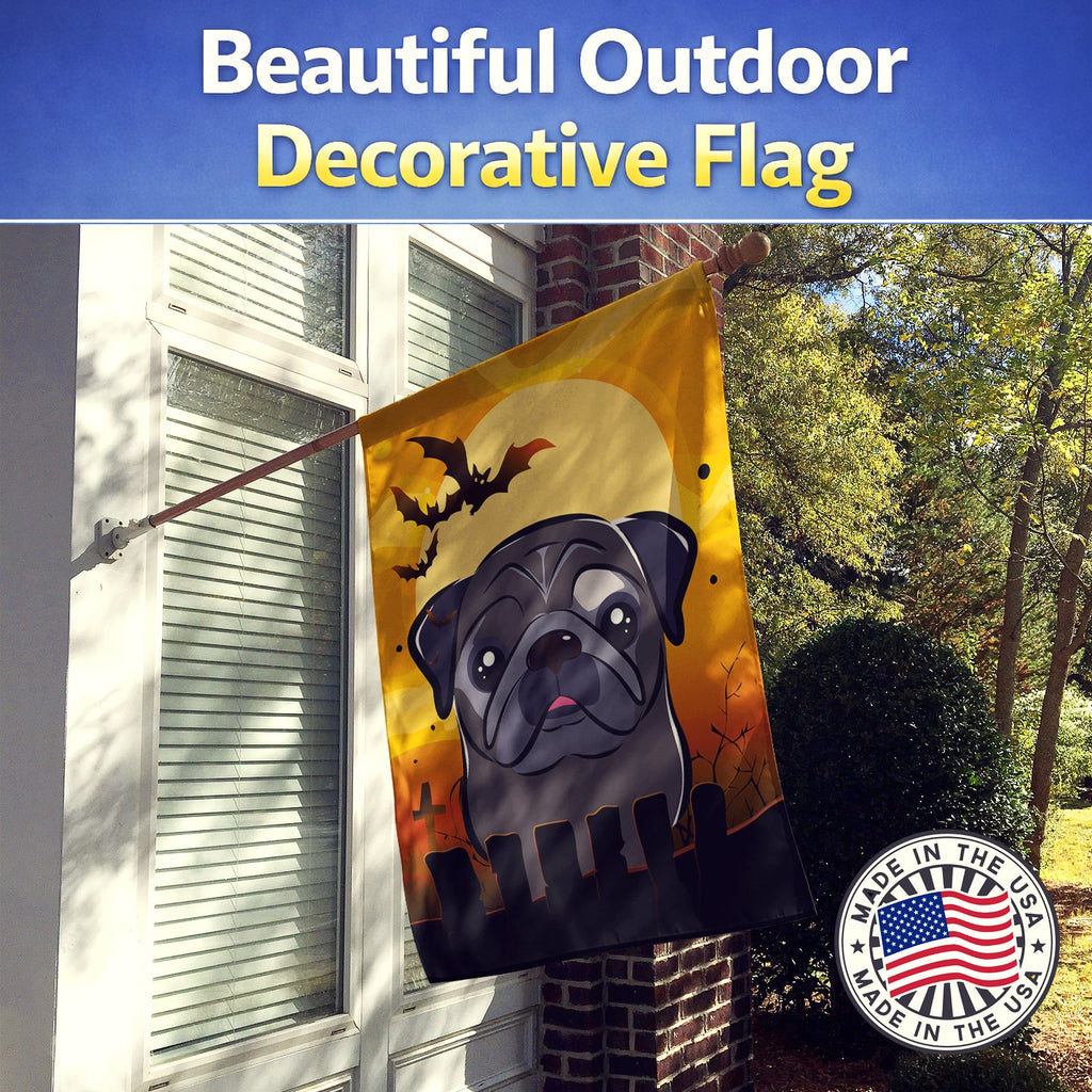 Halloween Black Pug House Flag 28x40 Porch Sleeve Pole Decorative Outside Yard Banner Artwork Wall Hanging, Polyester