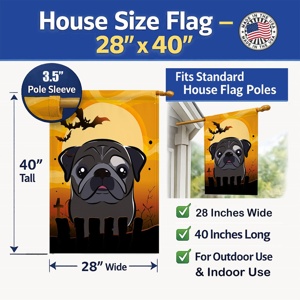 Halloween Black Pug House Flag 28x40 Porch Sleeve Pole Decorative Outside Yard Banner Artwork Wall Hanging, Polyester