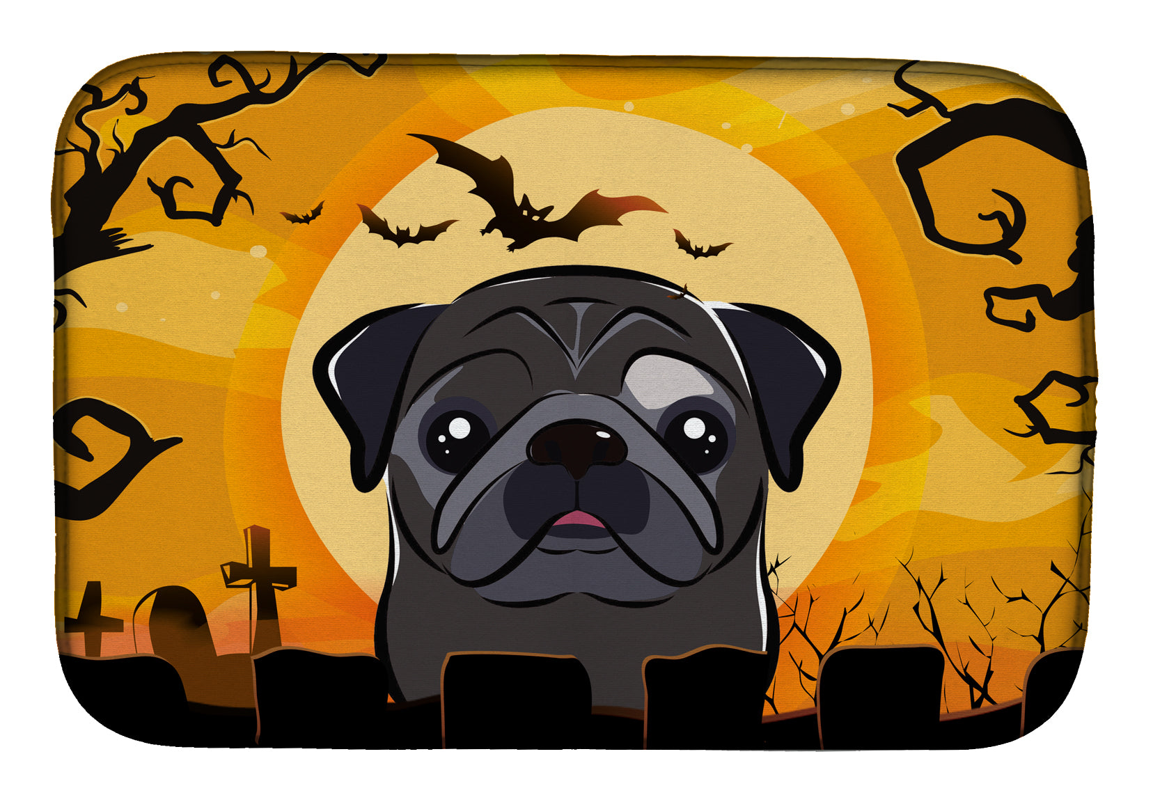 Halloween Black Pug Dish Drying Mat Absorbent Dish Drying Mat Pad for Kitchen Counter Dish Drainer Mat for Countertop, 14 x 21", Multicolor