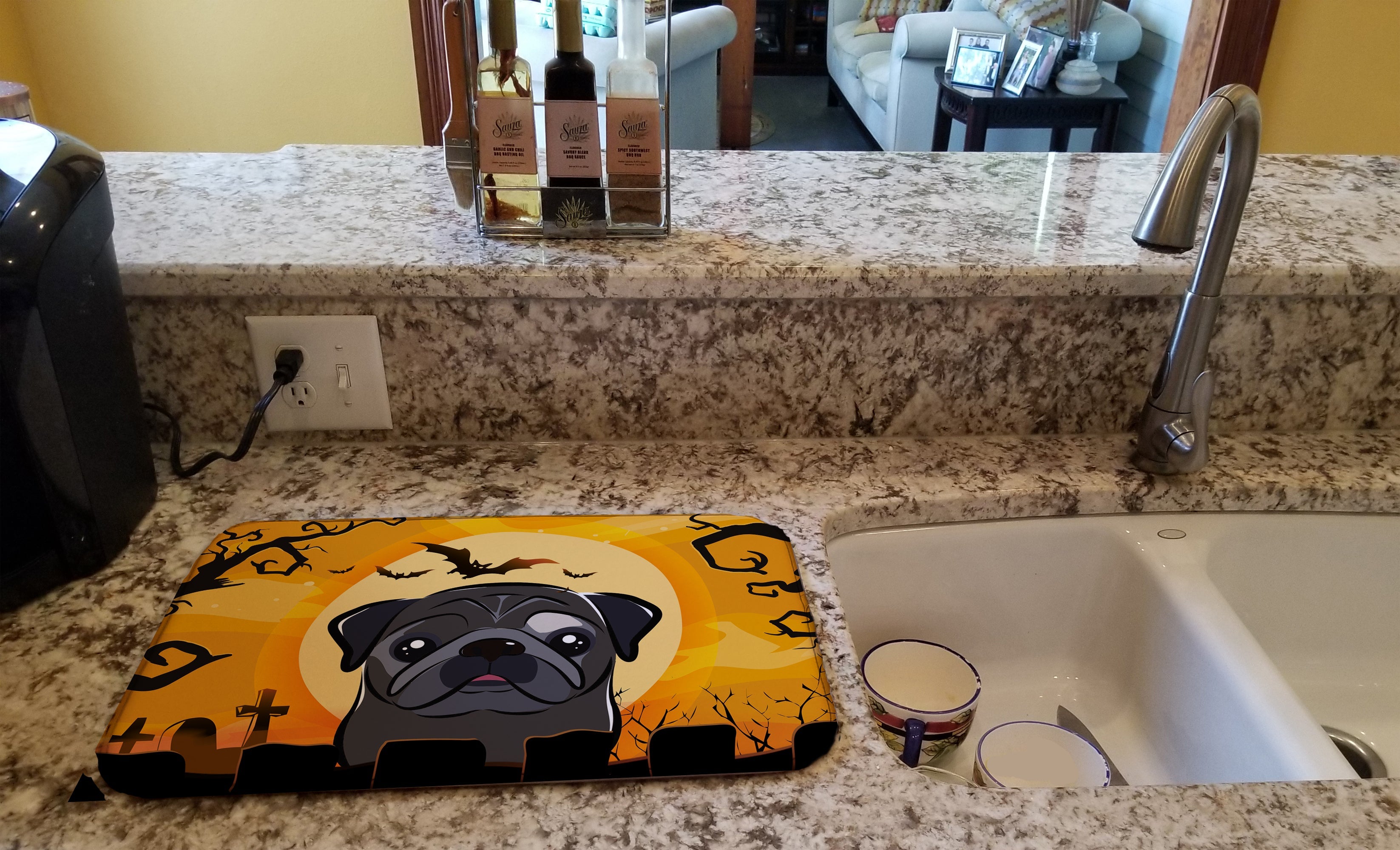 Halloween Black Pug Dish Drying Mat Absorbent Dish Drying Mat Pad for Kitchen Counter Dish Drainer Mat for Countertop, 14 x 21", Multicolor