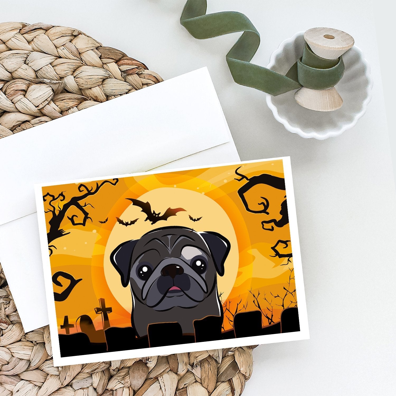 Halloween Black Pug Greeting Cards Pack of 8 Blank Cards with Envelopes Whimsical A7 Size 5x7