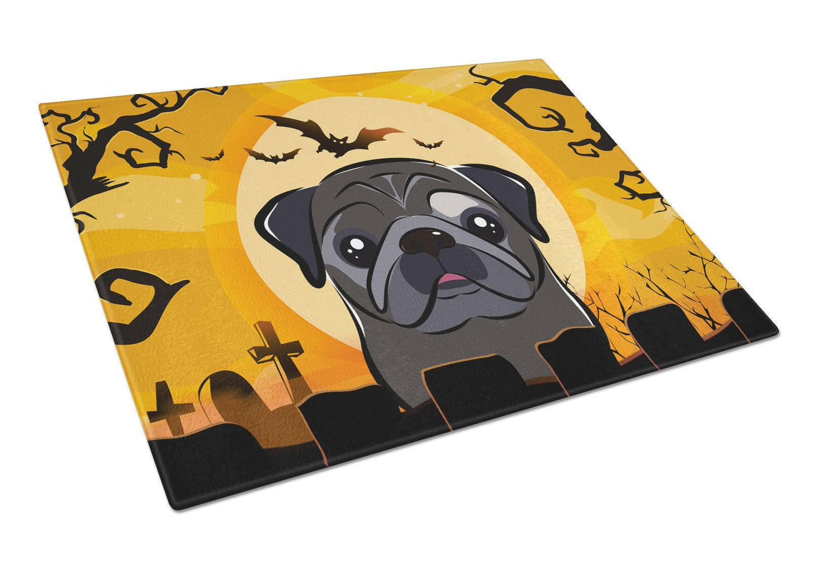 Halloween Black Pug Cutting Board Tempered Glass Kitchen Cutting Surface, Heat Resistant Chopping, Non-Slip Feet, Food Prep & Serving