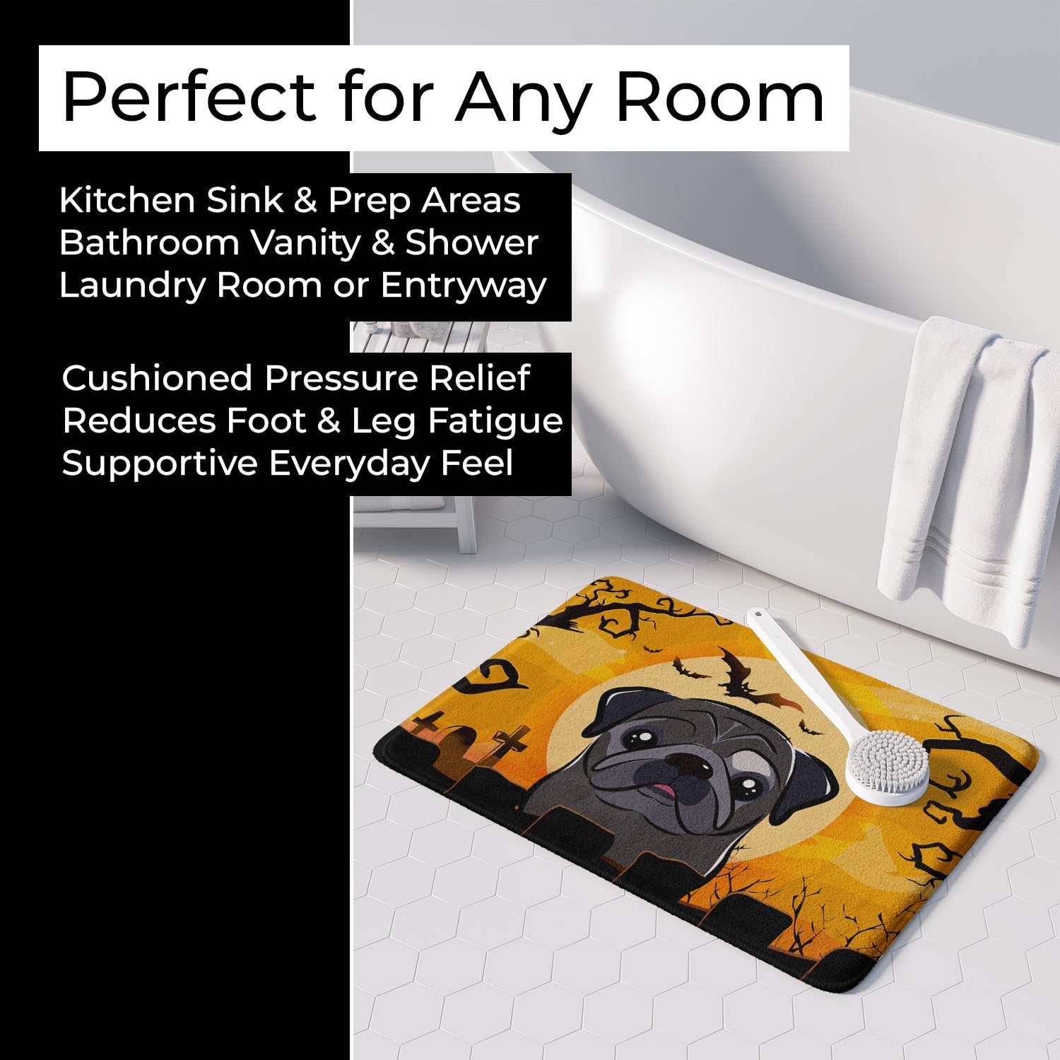 Halloween Black Pug Memory Foam Kitchen Mat Machine Washable Anti-Fatigue Cushion Comfort Bath or Kitchen Rug