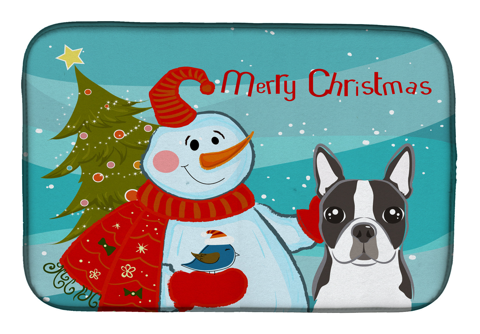 Snowman with Boston Terrier Dish Drying Mat Absorbent Dish Drying Mat Pad for Kitchen Counter Dish Drainer Mat for Countertop, 14 x 21", Multicolor