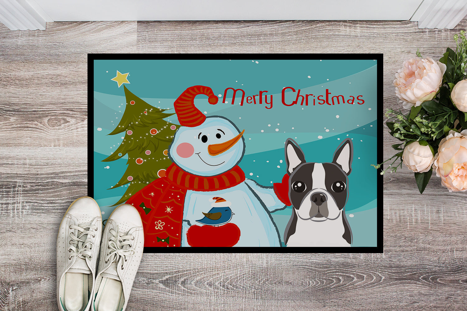 Snowman with Boston Terrier Doormat Indoor Outdoor 24H X 36W Front Door Mat Rugs for Entryway, Non Slip Washable Low Pile,