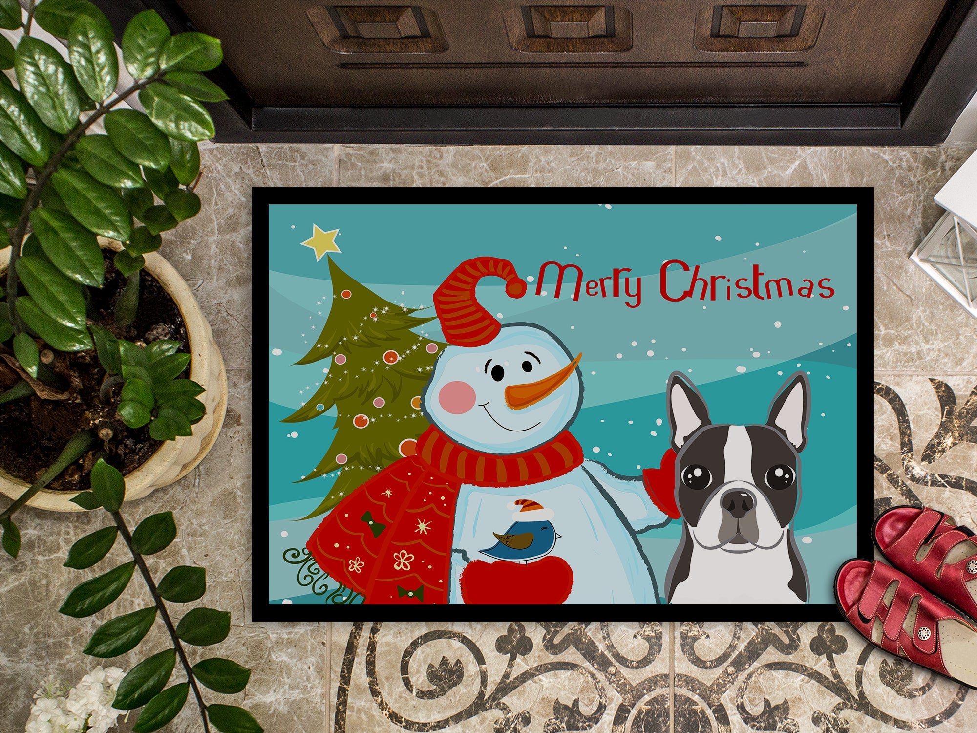 Snowman with Boston Terrier Doormat Indoor Outdoor 24H X 36W Front Door Mat Rugs for Entryway, Non Slip Washable Low Pile,