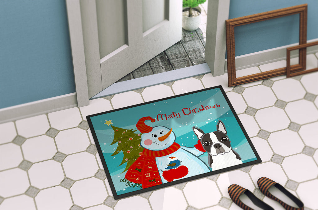 Snowman with Boston Terrier Doormat Indoor Outdoor 24H X 36W Front Door Mat Rugs for Entryway, Non Slip Washable Low Pile,