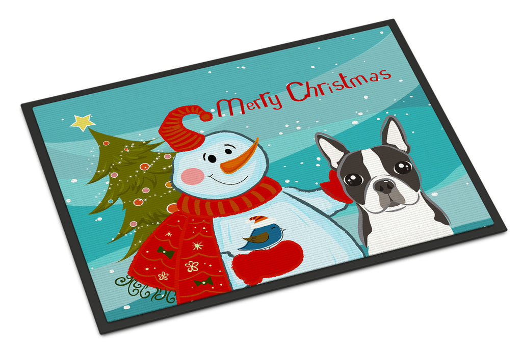 Snowman with Boston Terrier Doormat Indoor Outdoor 24H X 36W Front Door Mat Rugs for Entryway, Non Slip Washable Low Pile,