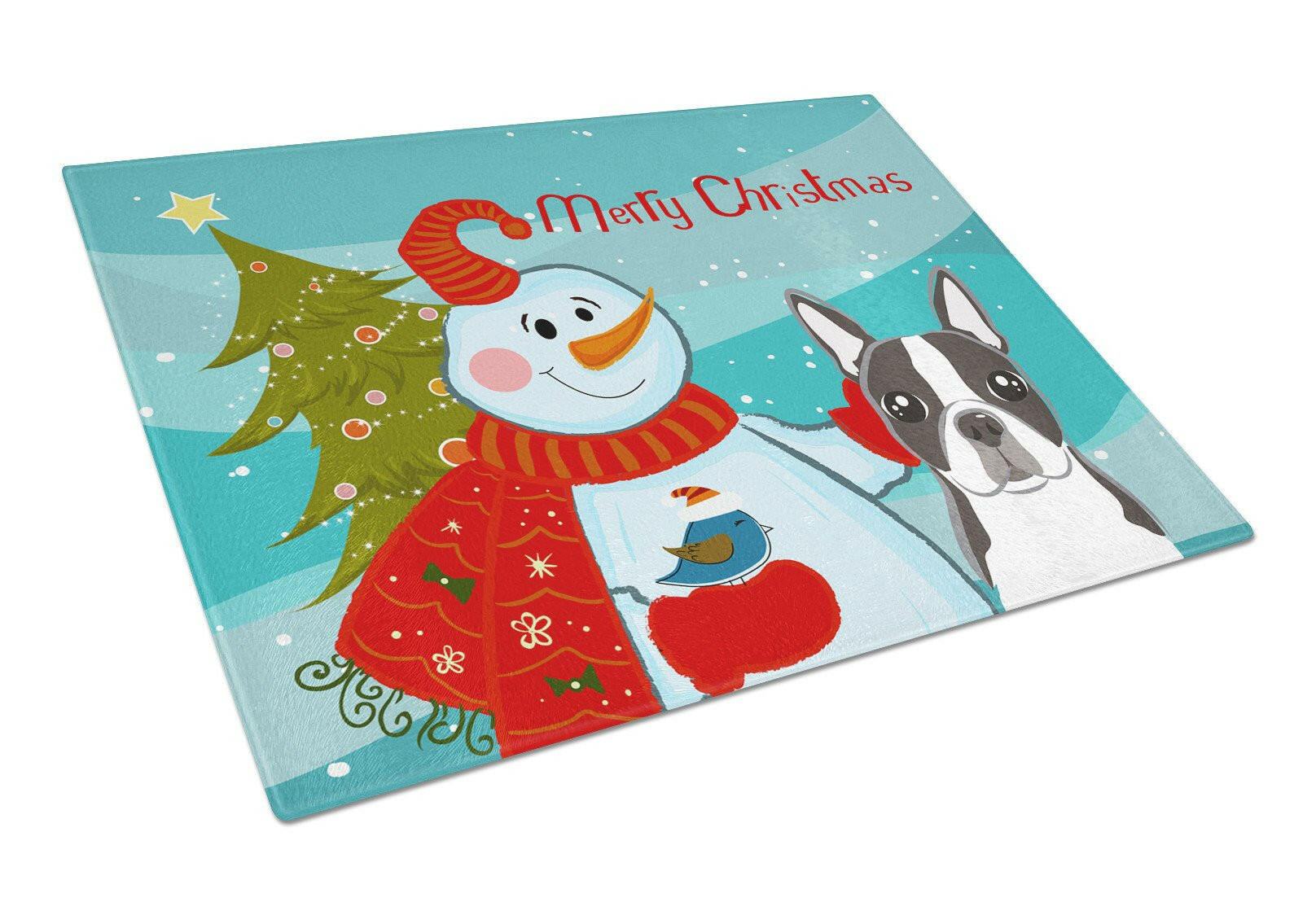 Snowman with Boston Terrier Cutting Board Tempered Glass Kitchen Cutting Surface, Heat Resistant Chopping, Non-Slip Feet, Food Prep & Serving
