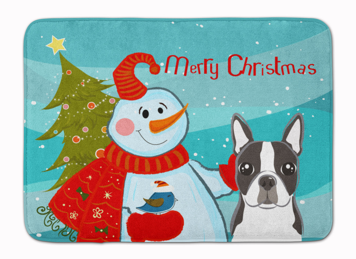Snowman with Boston Terrier Memory Foam Kitchen Mat Machine Washable Anti-Fatigue Cushion Comfort Bath or Kitchen Rug