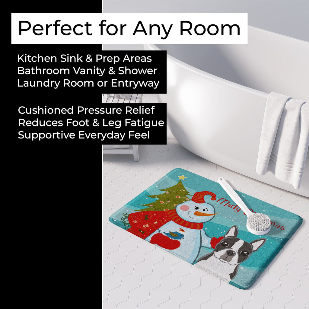 Snowman with Boston Terrier Memory Foam Kitchen Mat Machine Washable Anti-Fatigue Cushion Comfort Bath or Kitchen Rug